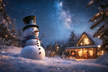 Obraz premium Amidst falling snowflakes and warm lights, a snowman stands in a snowy landscape during twilight, with a cozy house visible in the background. The scene is friendly and festive, centered around the