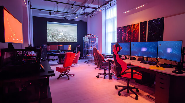 Innovative game design lab with interactive prototypes and user experience testing areas