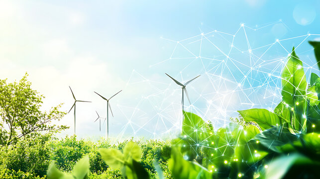 Profitable green energy farm with modern wind turbines spinning against a clear blue sky, symbolizing a sustainable and eco-friendly future in renewable energy production