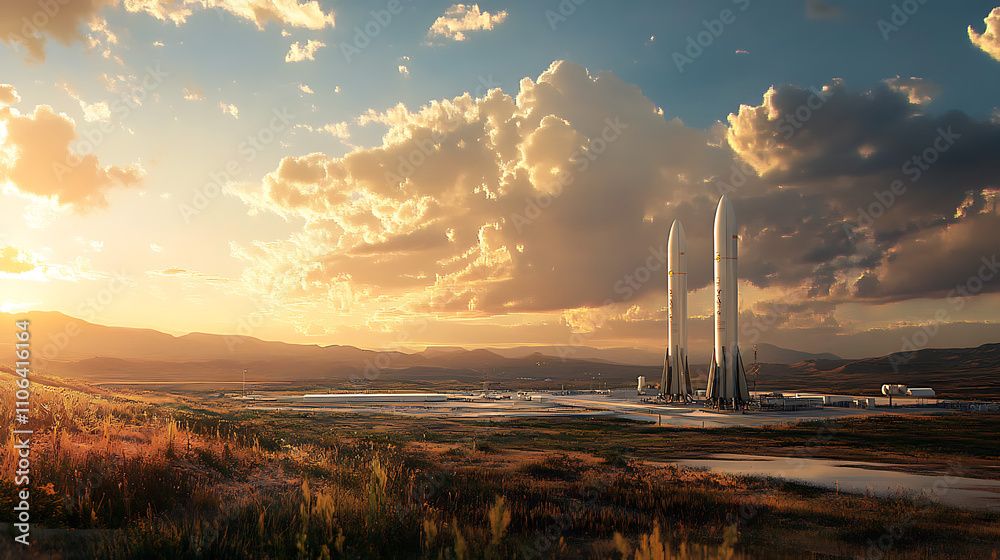 Poster Spaceport launch site with reusable rockets and satellite deployment technology