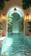 A serene oasis with a cascading waterfall and lush greenery framing a pool.