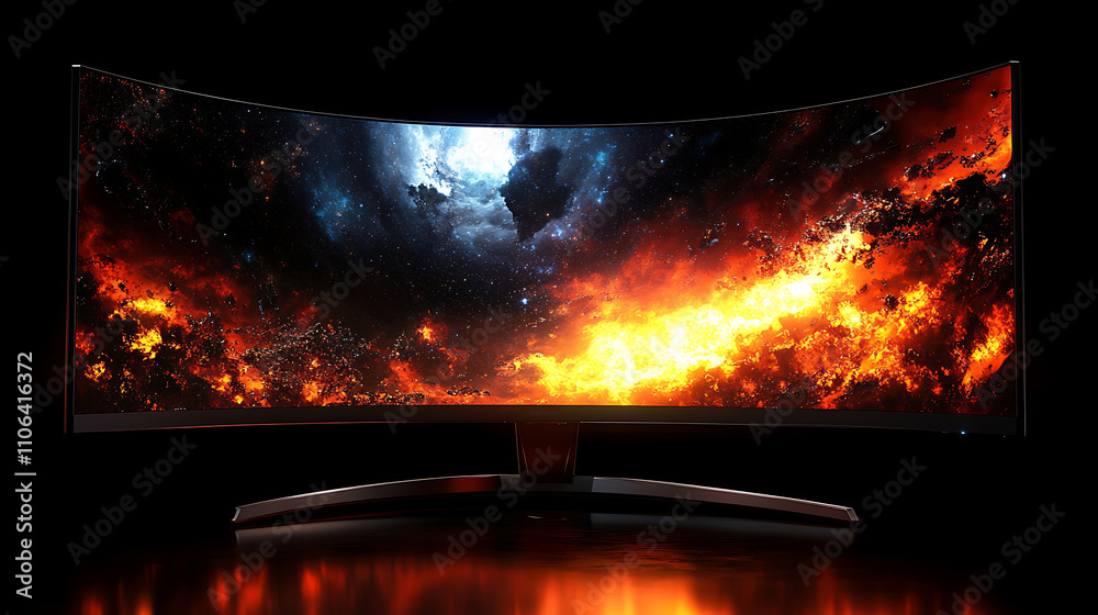 Poster ultra-wide gaming monitor with curved screen for panoramic views