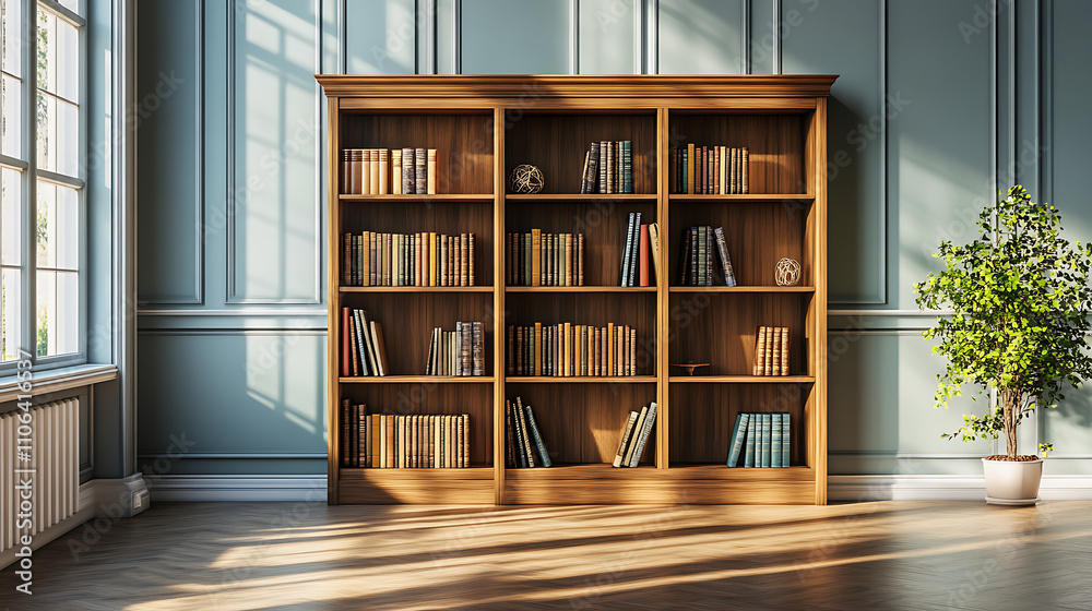 Poster visual of a bookcase within an unfurnished space