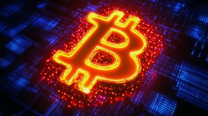 glowing Bitcoin symbol in futuristic digital environment


