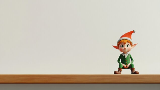A charming 3D render of a young, cute elf sitting on an edge, complemented by a festive Christmas border, holiday ornaments, and a cartoon Santa.