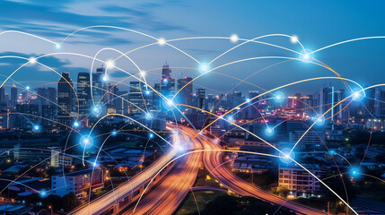 Obraz premium A drone hovers over a city, powered by 5G connectivity, enabling low-altitude economy growth through seamless, high-speed data exchange and smart urban networks.