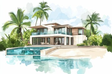 Tropical house, pool, palm trees, beach, modern design.