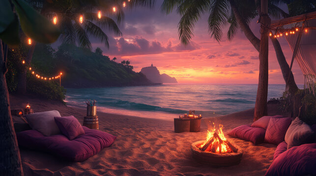 A beach scene with a fire pit and two couches
