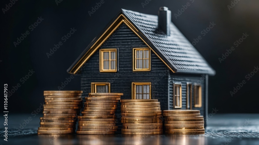 Aufkleber A model house is surrounded by stacks of coins, symbolizing the financial aspects of real estate investment. This setup highlights the role of technology in enhancing property value and decisions.