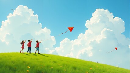 Children delight in flying bright kites under a vibrant sky as they play on a grassy hilltop