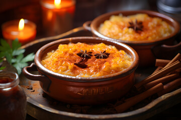 Traditional Rice Pudding with Caramelized Topping and Star Anise Garnish
