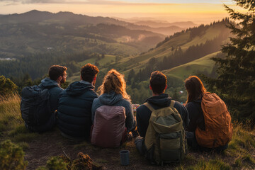 A group of five people are sitting on a hillside, enjoying the view