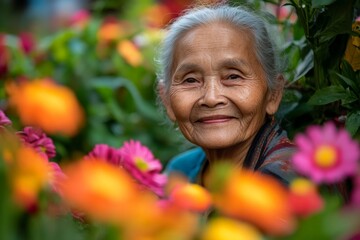 An elderly woman smiles warmly while sitting among a kaleidoscope of colorful flowers, embodying beauty and joy in nature's vibrant embrace.