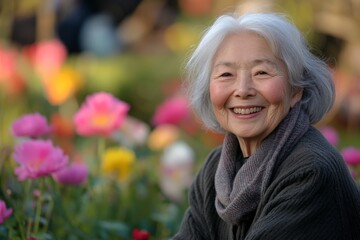 A cheerful elderly woman poses for a photograph amidst a vibrant flower garden, radiating joy and life in a beautiful outdoor setting filled with blossoms.