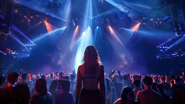 Silhouettes of dancing people in front of bright stage lights during a concert