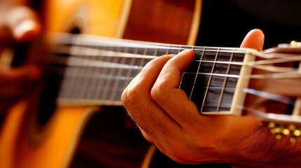 Fototapeta premium Close-up of hands playing acoustic guitar.