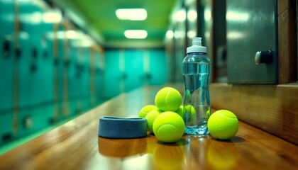 Artistic arrangement of tennis rackets, balls, a water bottle, and a sweatband on a wooden bench in a vibrant locker room setting