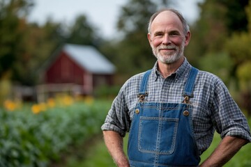 A smiling farmer stands confidently in a lush green field with a classic red barn in the background, showcasing the beauty of rural life and agricultural dedication.