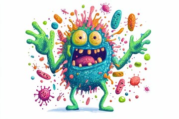 Naklejka premium Colorful monster, microbes, splatter, joyful expression.