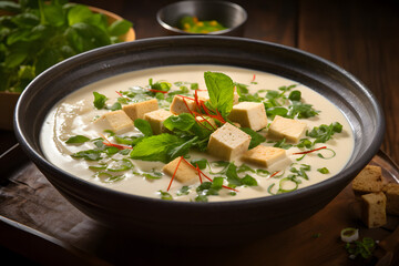 Creamy Tofu Soup with Fresh Herbs and Coconut Broth