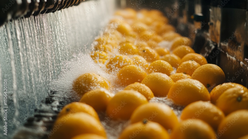 Poster Oranges move along a conveyor belt in a juice processing facility, where they are washed and prepared. Water splashes over the vibrant fruit, highlighting an efficient system for juice production.
