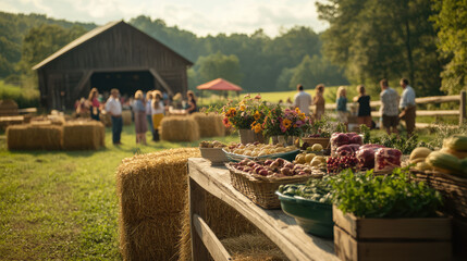 A group of people are gathered around a table with baskets of vegetables