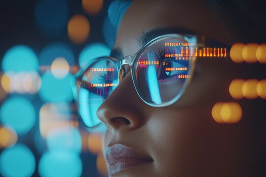 A woman at night thinks deeply about data analytics and information technology, with a hologram of code above the computer. IT professionals are performing research in cybersecurity, algorithms, and - Powered by Adobe