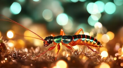 Colorful insect on sparkling Christmas decorations