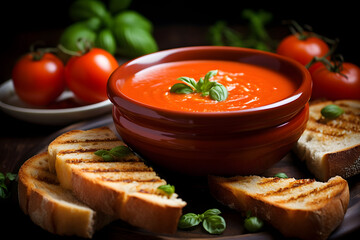 Creamy Tomato Soup Garnished with Fresh Basil, Served with Grilled Bread