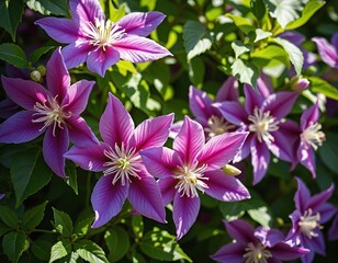 Vibrant Blooming Clematis Flowers in a Serene Garden Setting