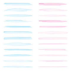 Vector set of blue and pink hand-drawn watercolor brush strokes. Vector illustration.