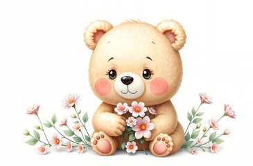 Cute bear holding flowers surrounded by blossoms in a cheerful, colorful illustration