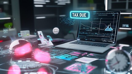 Modern workspace with a laptop displaying tax due information and futuristic digital elements.