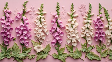 Fototapeta premium Real foxgloves on a dusty rose background, bordered by raised foliage in a delicate, embossed pattern.