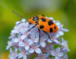 Macro Shot of an Orange and Black Bug on Blue Flowers