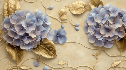 Real hydrangeas on a warm beige base, accented by embossed vine and bud patterns in gentle metallic tones.