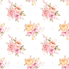 watercolor seamless pattern with pastel
 coloured flowers, white background