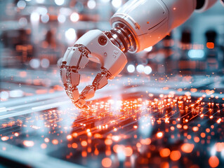 Ai generated robotic arm manipulating technology industrial workshop digital art futuristic environment close-up view innovation concept
