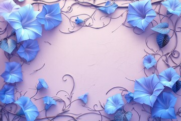 Obraz premium Real morning glories on a mauve background, framed by delicate embossed vines in a soft metallic sheen.