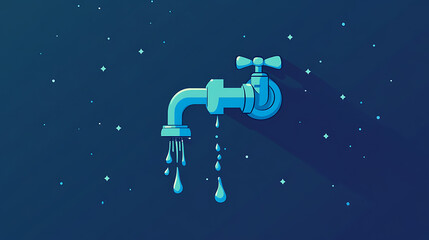 A depiction of a water faucet with flowing aqua or falling drops, indicating potential leakage from the stopcock, This imagery relates to plumbing maintenance