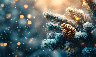 pine branches covered in sparkling snowflakes, with a background of softly falling snow