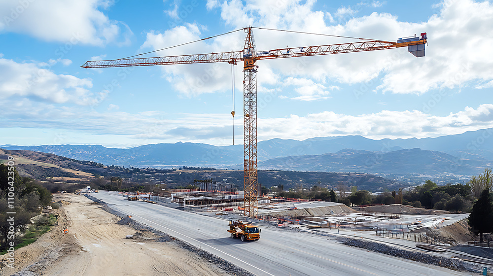 Poster a mobile crane navigating a road and a tower crane positioned at a construction site