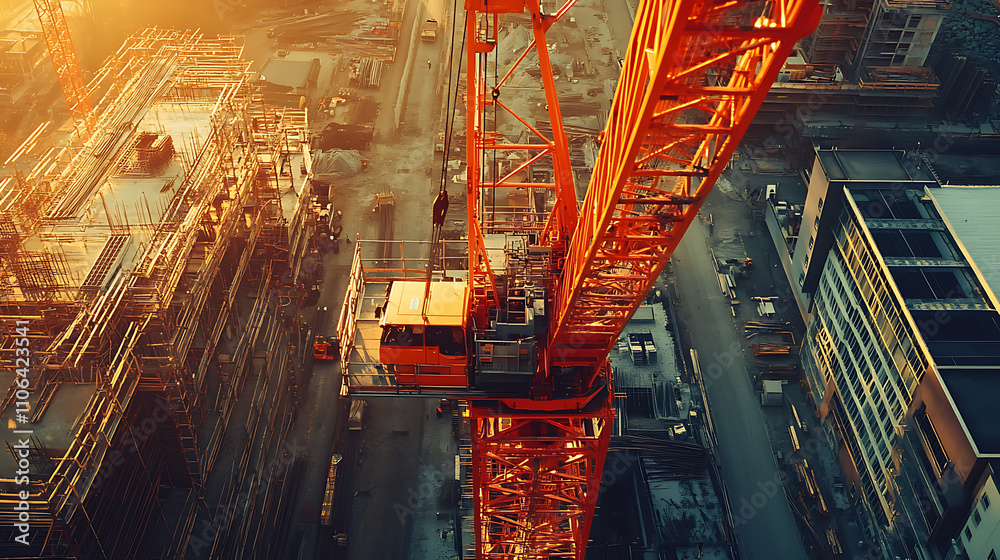 Poster a mobile crane navigating a road and a tower crane positioned at a construction site