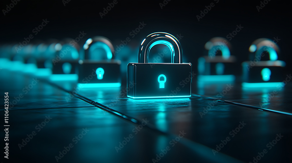 Aufkleber a row of digital padlocks lined up on a dark digital background, glowing in neon blue, symbolizing d