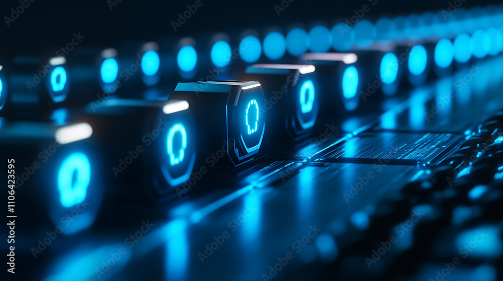 Poster a row of digital padlocks lined up on a dark digital background, glowing in neon blue, symbolizing d