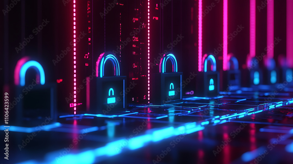 Poster a row of digital padlocks lined up on a dark digital background, glowing in neon blue, symbolizing d