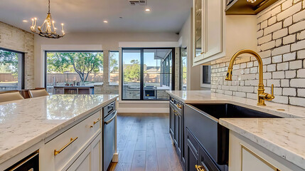 A remodeled modern farmhouse kitchen features a stunning sink adorned with a gold faucet, complemented by a black farmhouse sink, white granite countertops, and a tiled backsplash