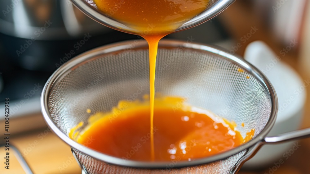 Aufkleber A vibrant orange juice is being strained as it flows through a fine mesh sieve into a bowl below. The setup showcases a busy kitchen with a focus on the juice-making process.
