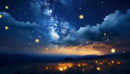 A Magical Nocturnal Sky with Smoky Indigo Clouds and Luminous Fireflies Dark Blues and Golden Highlights