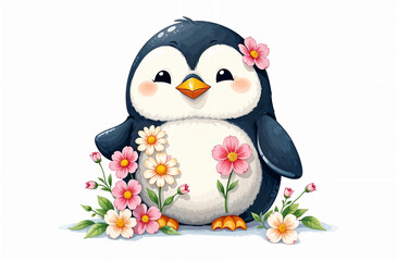 Cute penguin surrounded by colorful flowers on a bright, cheerful background